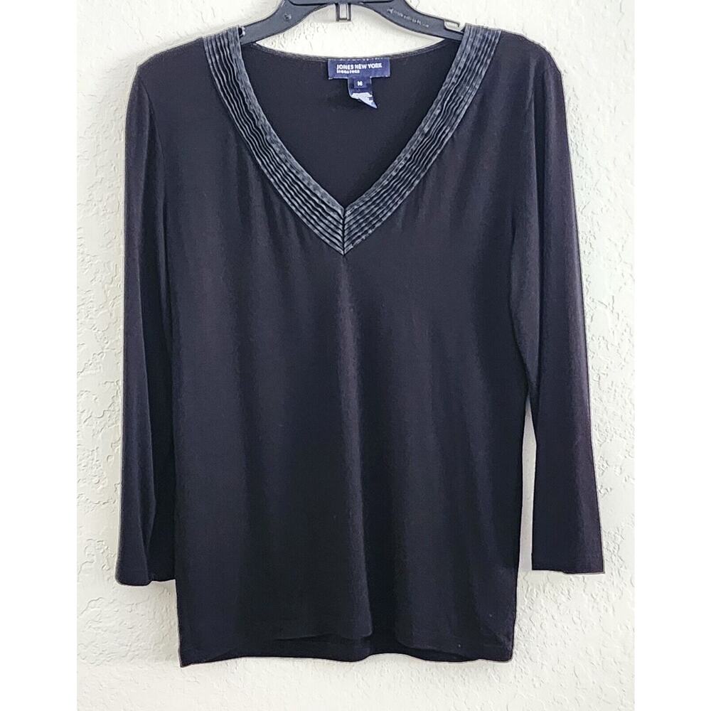 Top/Blouse-Jones New York-Black-V-Neck-Pleats-Casual-3/4 Push Up Sleeves-Size M